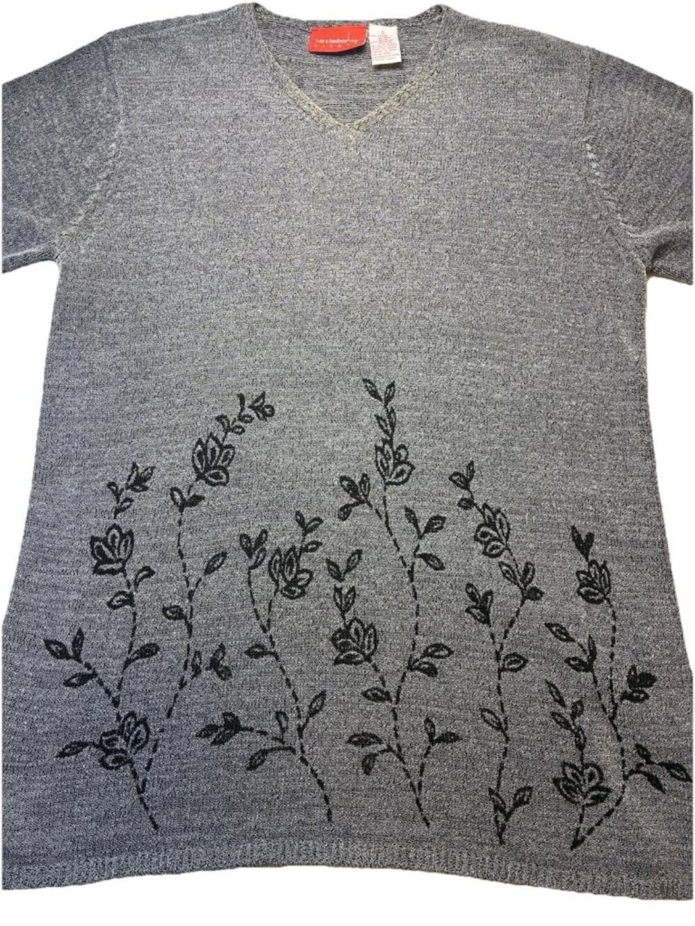 Vintage 80s Liz Claiborne Floral Knit Sweater Top Gray Black V-Neck S Retro Cozy